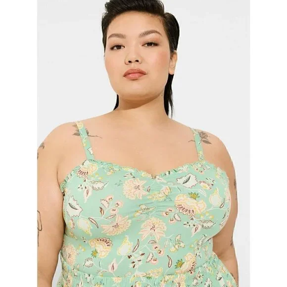 Women's Torrid Size 5, 5X, 28 Super Soft Green Sweetheart Ruched Babydoll Top - Picture 3 of 10